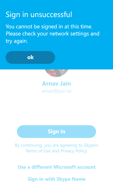 Skype: Unable to sign in