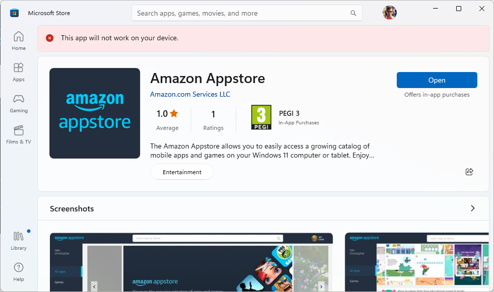 Amazon Appstore after successful installation